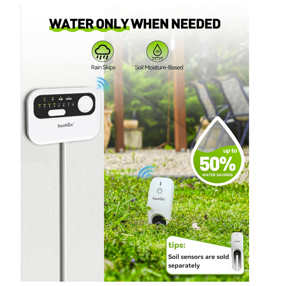 RAINPOINT Sprinkler Controller 8 Zone, Local Weather-Based Smart Irrigation Controller, WiFi Sprinkler Timer for Sprinkler System,Yard,Lawn