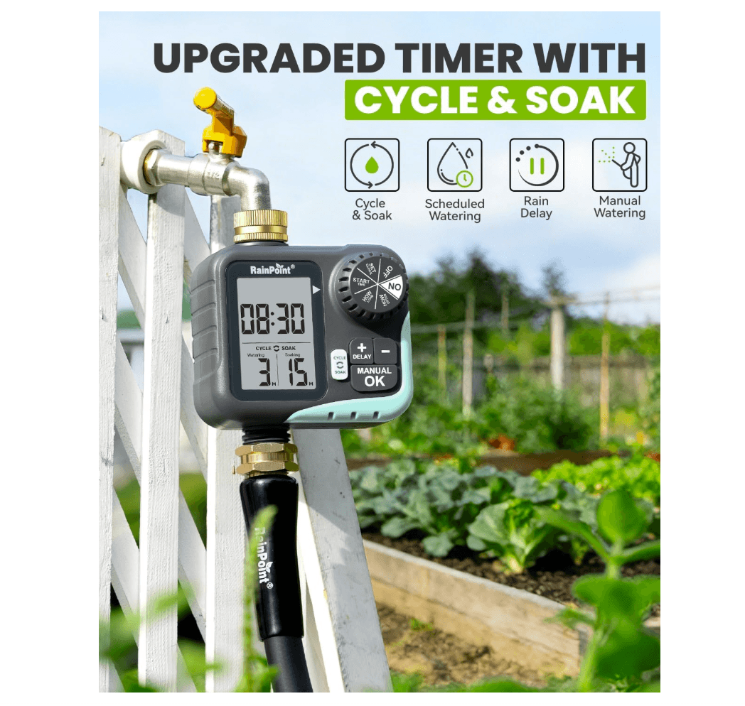 RAINPOINT Sprinkler Timer for Garden Hose - Hose Timer with Cycle &amp; Soak, Brass Inlet