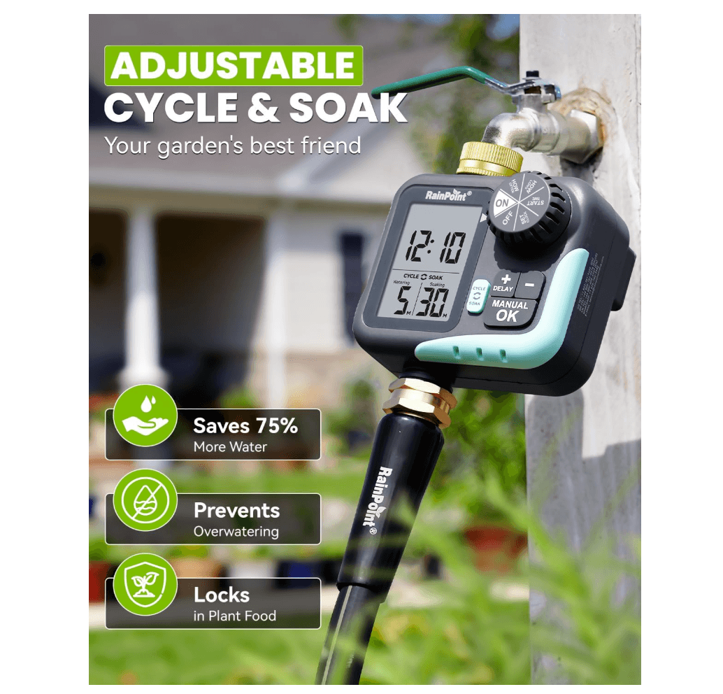 RAINPOINT Sprinkler Timer for Garden Hose - Hose Timer with Cycle &amp; Soak, Brass Inlet
