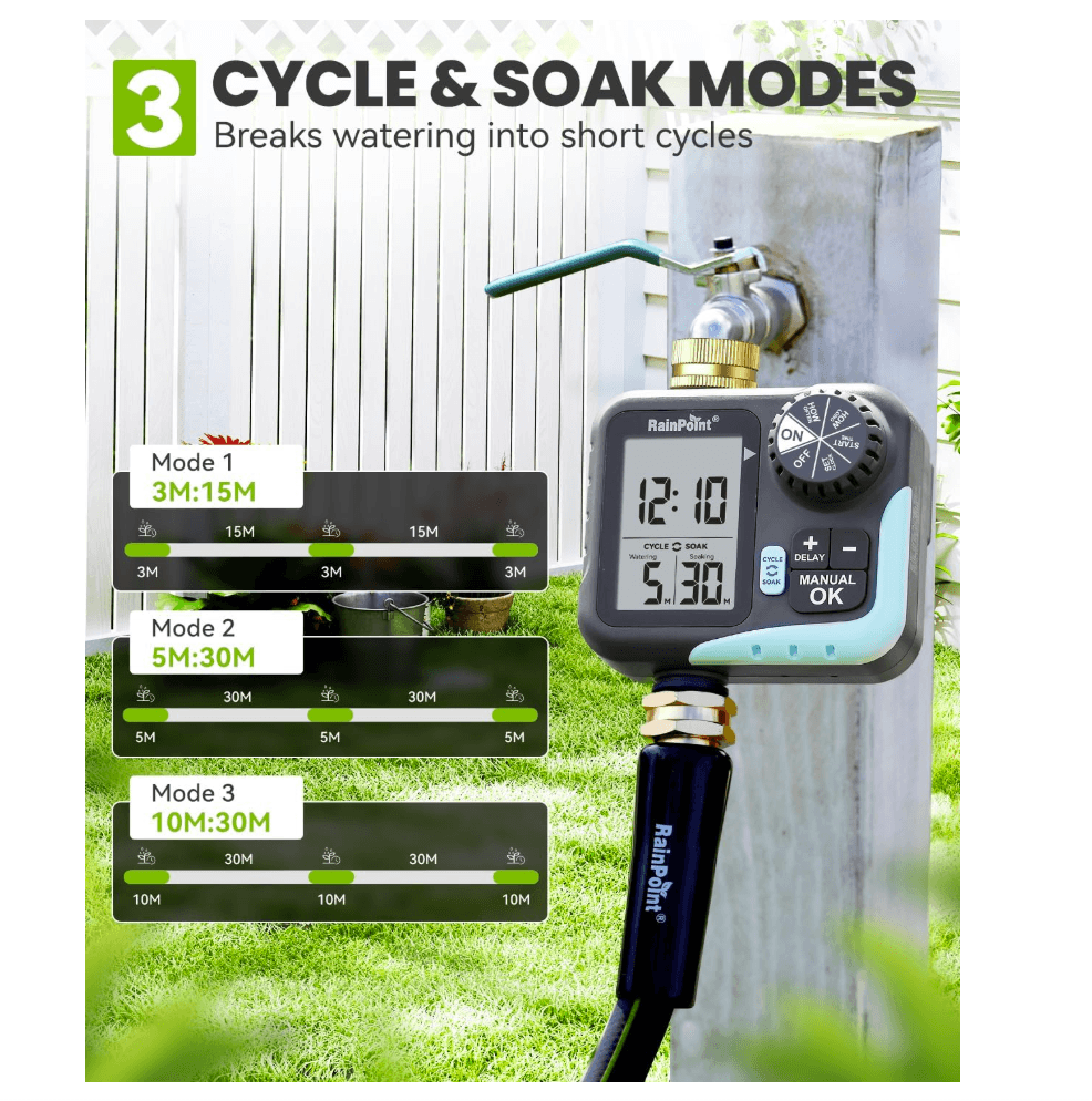 RAINPOINT Sprinkler Timer for Garden Hose - Hose Timer with Cycle &amp; Soak, Brass Inlet
