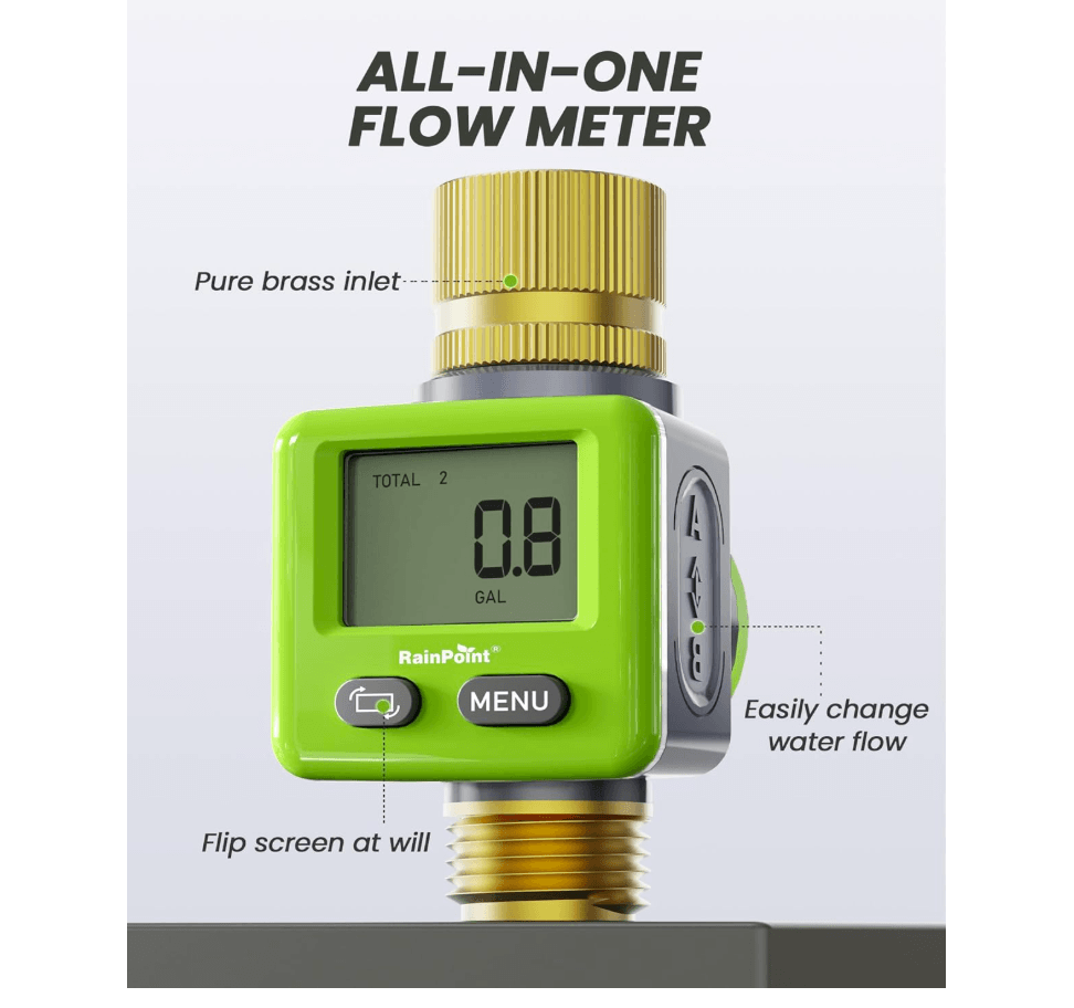 RAINPOINT Water Flow Meter – ±5% Accuracy Brass Garden Hose Gauge with 180° Flip Screen