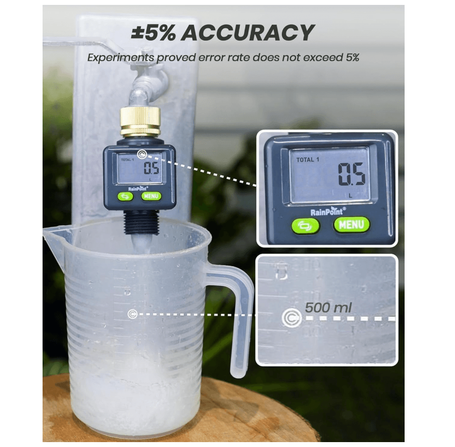 Rainpoint Water Flow Meter with Brass Inlet,Garden Hose, Sprinkler &amp; Nozzle Sprayer