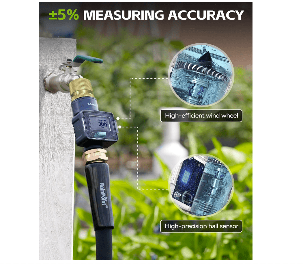 RAINPOINT Water Flow Meter with Brass Inlet, Garden Hose Watering, Lawn Sprinkler &amp; Nozzle Sprayer