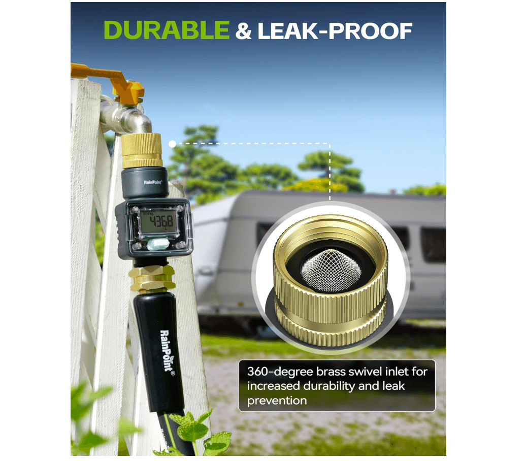 RAINPOINT Water Flow Meter with Brass Inlet, Garden Hose Watering, Lawn Sprinkler &amp; Nozzle Sprayer