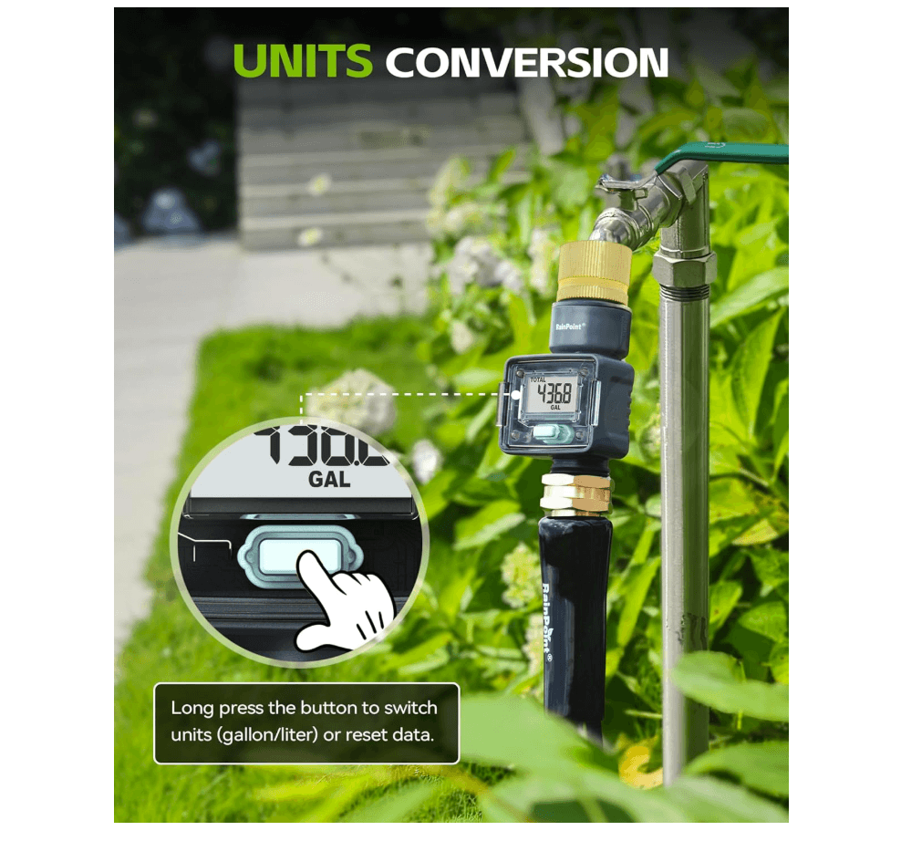RAINPOINT Water Flow Meter with Brass Inlet, Garden Hose Watering, Lawn Sprinkler &amp; Nozzle Sprayer