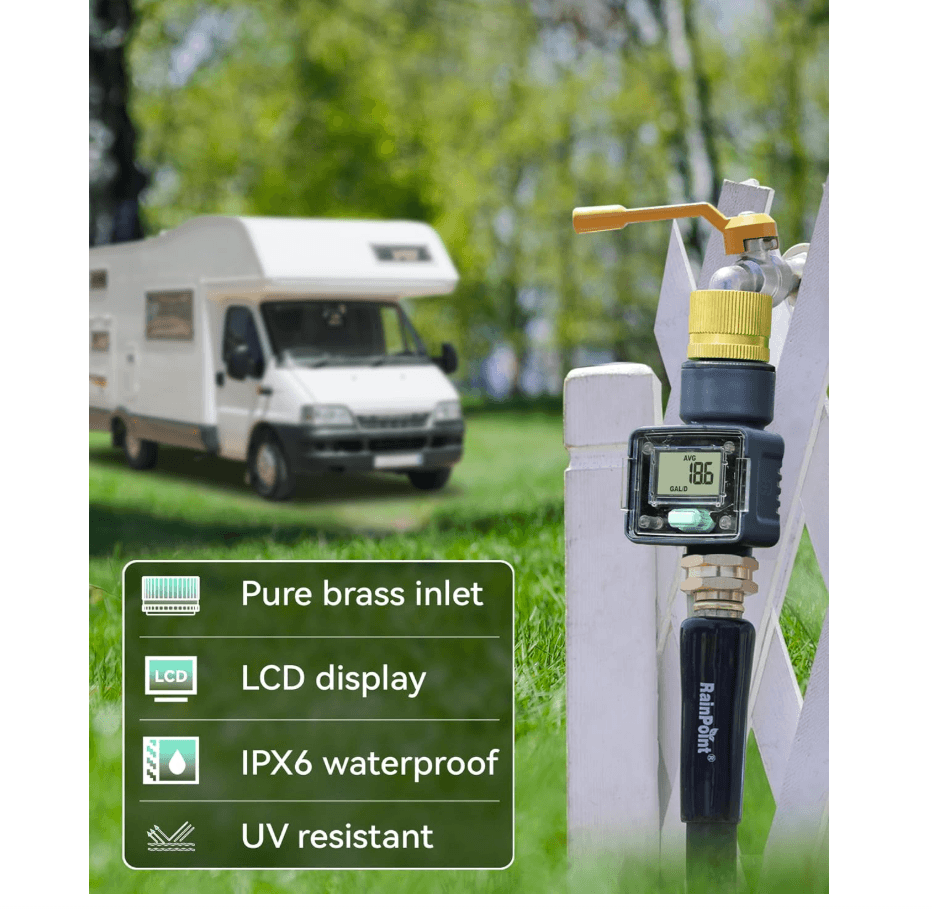 RAINPOINT Water Flow Meter with Brass Inlet, Garden Hose Watering, Lawn Sprinkler &amp; Nozzle Sprayer