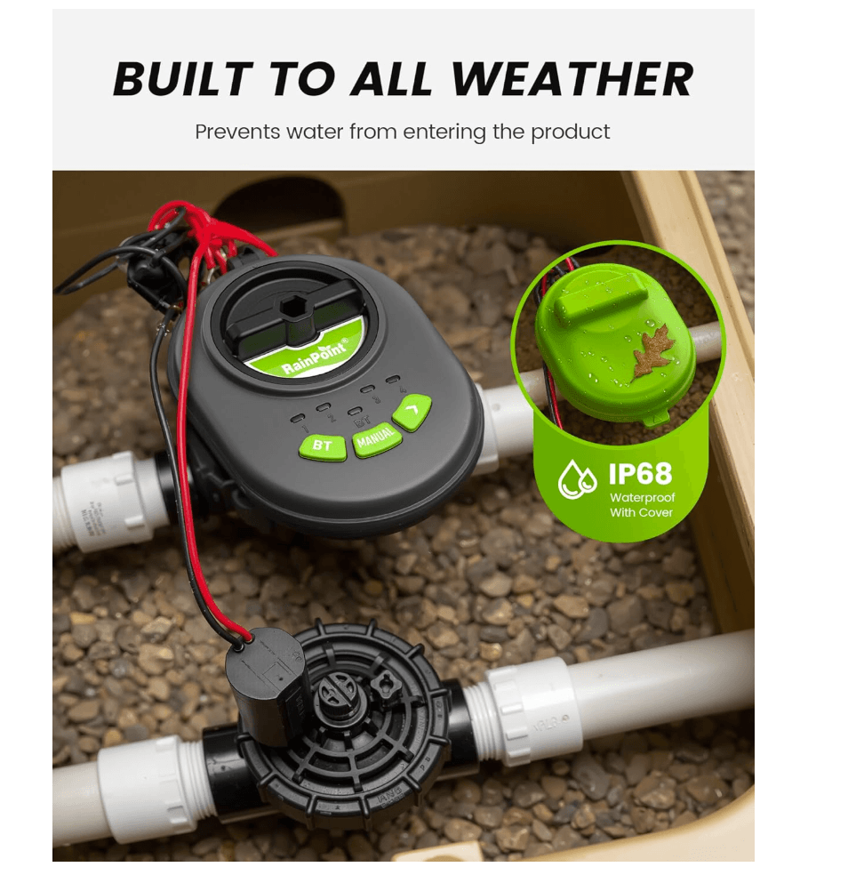 RAINPOINT Battery Operated Sprinkler Controller - Indoor &amp; Outdoor 4 Zone Smart Irrigation Controller