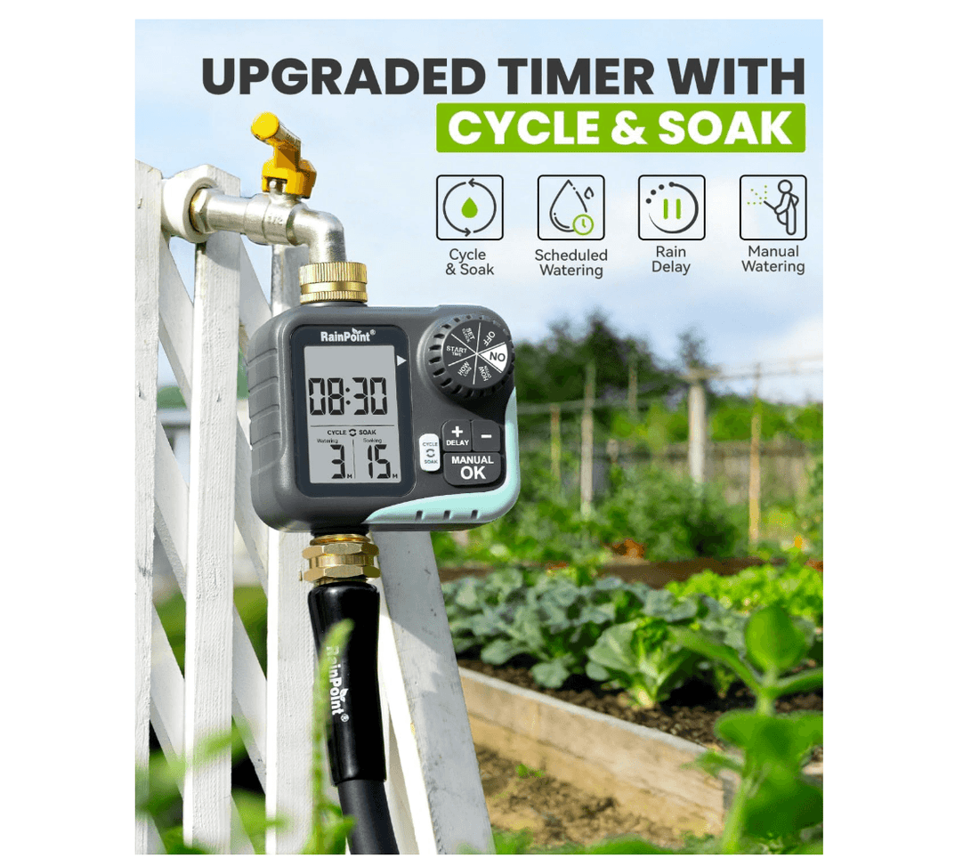 RAINPOINT Sprinkler Timer for Garden Hose - Hose Timer with Cycle &amp; Soak, Brass Inlet &amp; Outlet