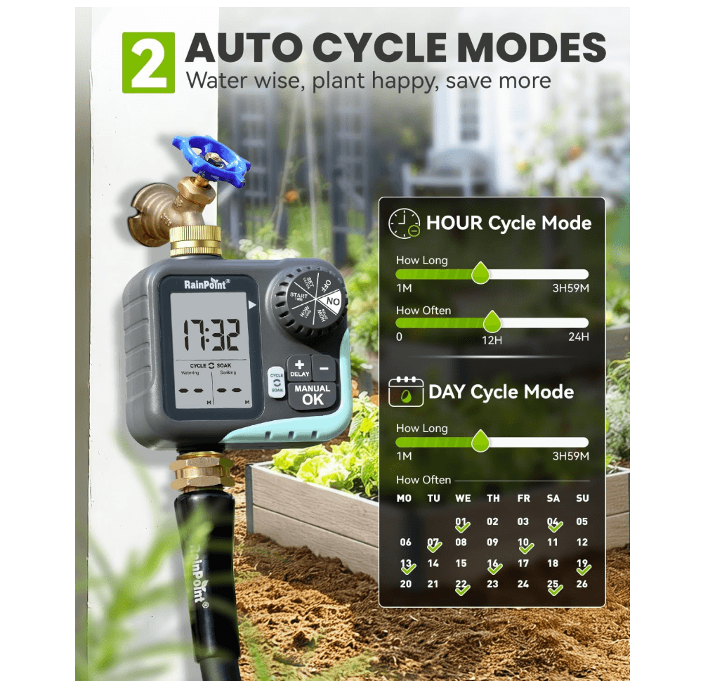 RAINPOINT Sprinkler Timer for Garden Hose - Hose Timer with Cycle &amp; Soak, Brass Inlet &amp; Outlet