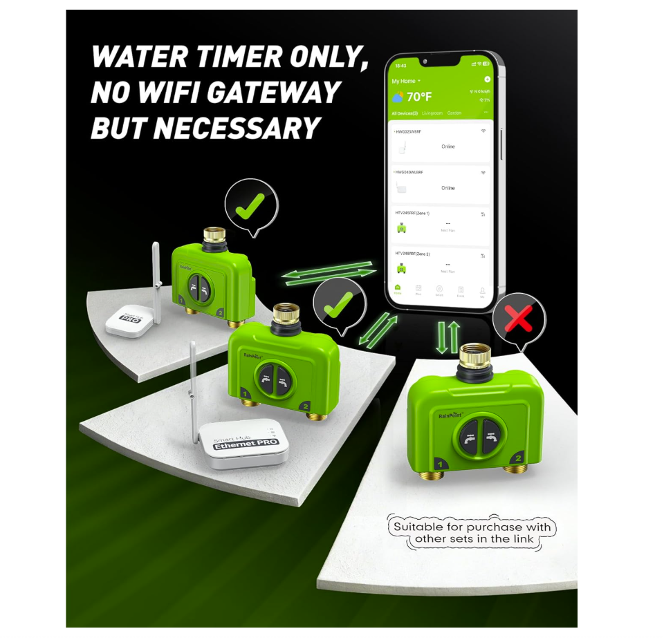 RAINPOINT 2 Zone WiFi Water Timer for Garden Hose(Brass Inlet &amp; Outlet, No Gateway)