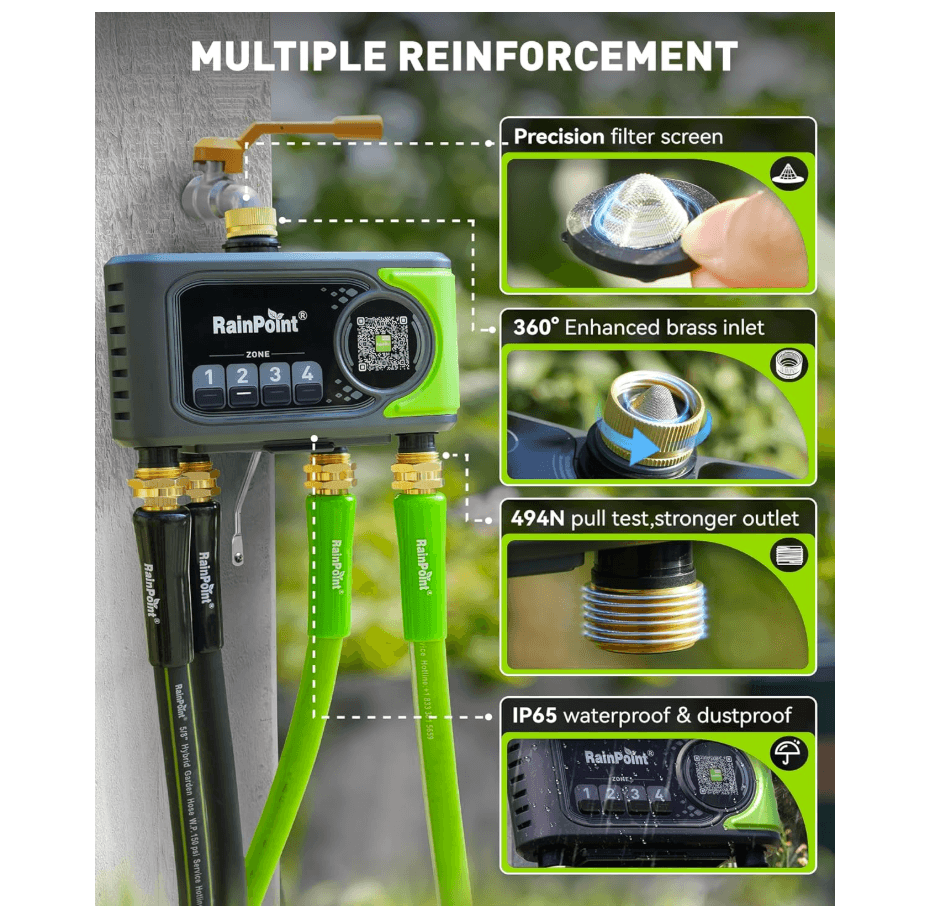 RAINPOINT WiFi Sprinkler Timer 4 Zone, Outdoor Smart Water Timer for Garden Hose with Brass Inlet &amp; Outlet