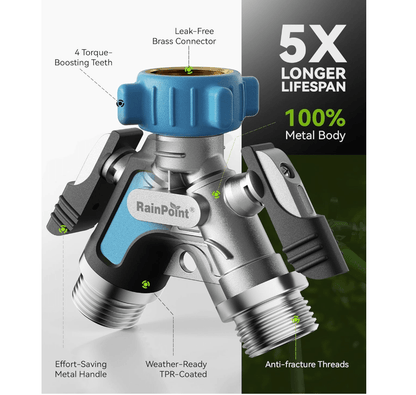 RAINPOINT Garden Hose Splitter 2 Way – All Metal Heavy Duty Water Y Splitter (Blue)
