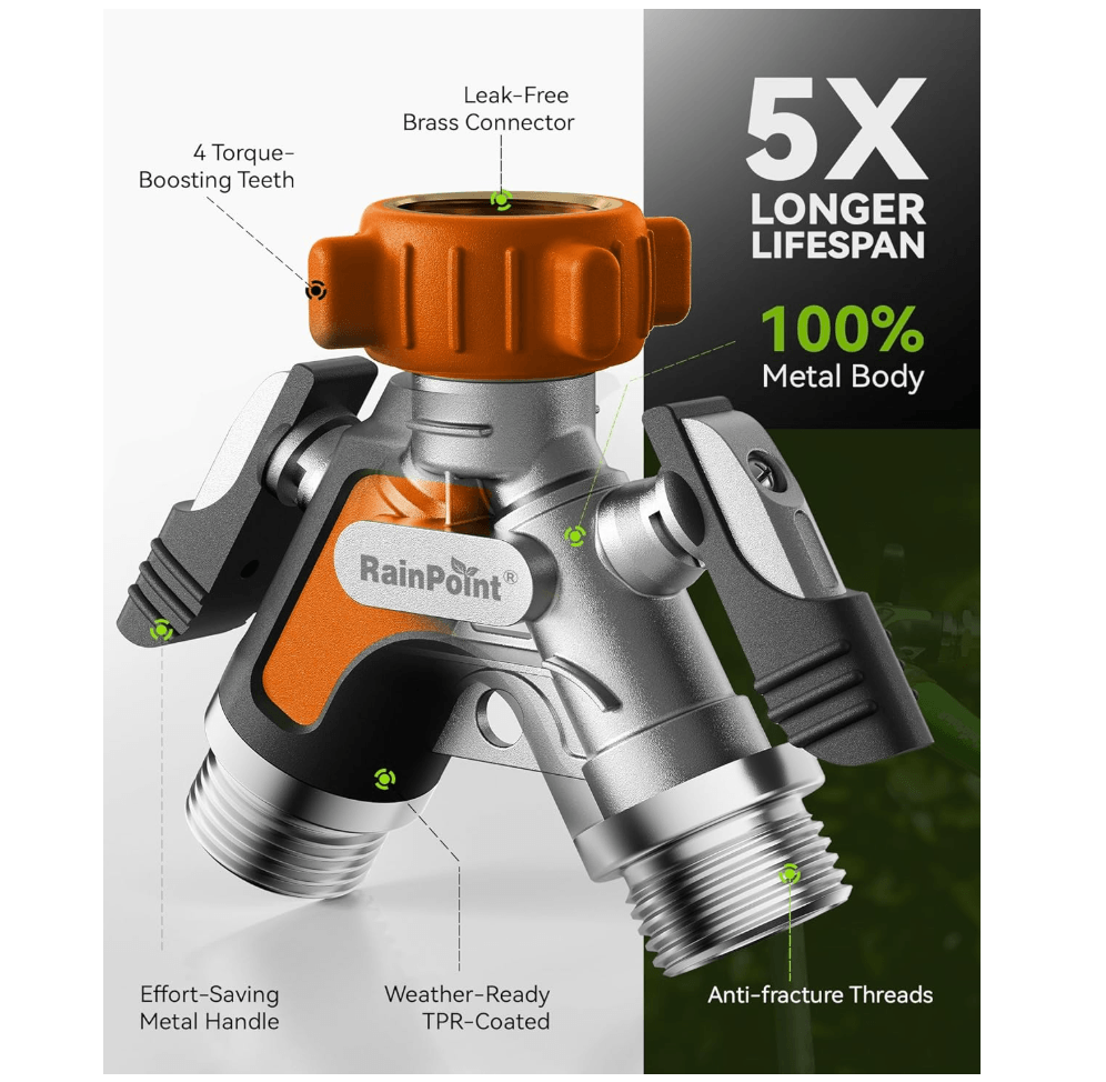 RAINPOINT Garden Hose Splitter 2 Way – All Metal Heavy Duty Water Y Splitter(Orange)