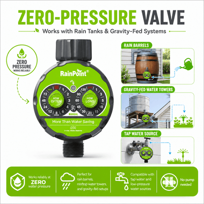 RainPoint FreeFlow Water Timer – Gravity Drip Irrigation for Rain Tanks &amp; Pots, Battery-Powered, IPX5