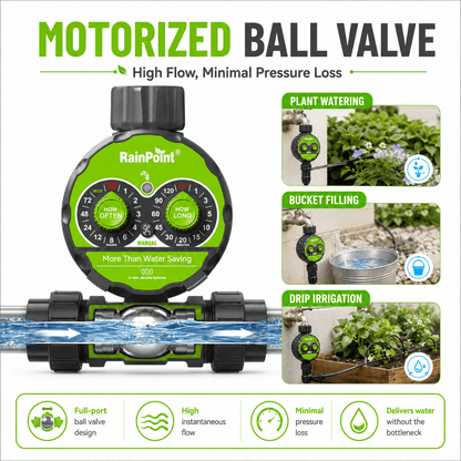 RainPoint FreeFlow Water Timer – Gravity Drip Irrigation for Rain Tanks &amp; Pots, Battery-Powered, IPX5