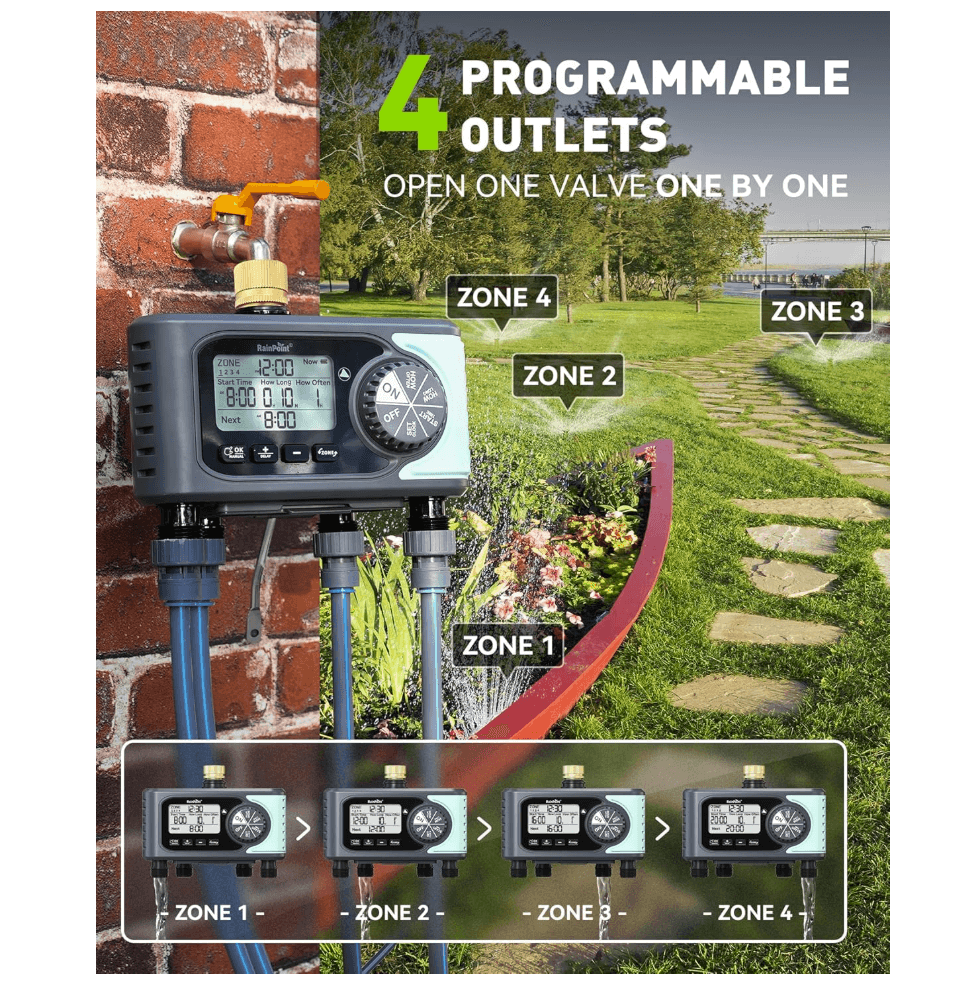 RainPoint 4 Outlet Hose Timer with Brass Inlet