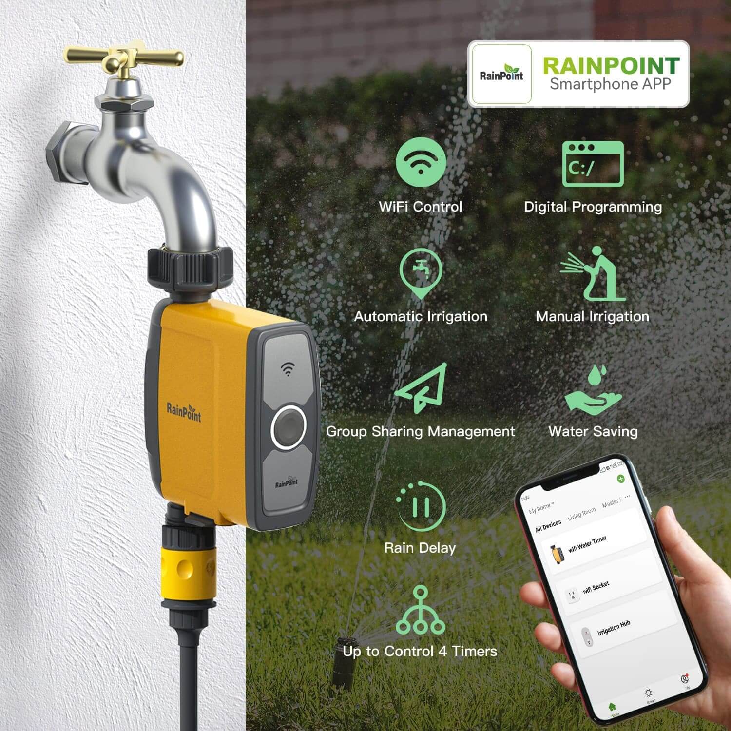  Easily connect the WiFi Hub to 2.4Ghz WiFi, and pair the timer, then you can manage your watering schedule via your phone APP at any time.